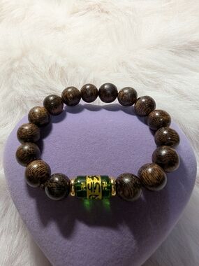 ​Authentic Agarwood Bead Stretch Bracelet with Green Mantra Charm